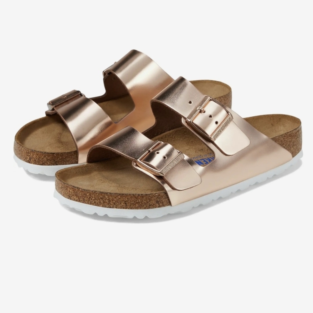 Birkenstock Arizona Soft FootBed Metallic Leather sandals in Rose Gold Size 40